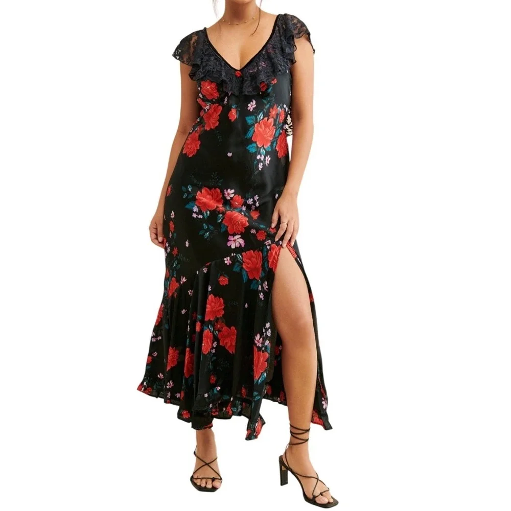 Free People Dark Romance Lace Trim Floral Satin Maxi Dress Black Red Rose V-Neck